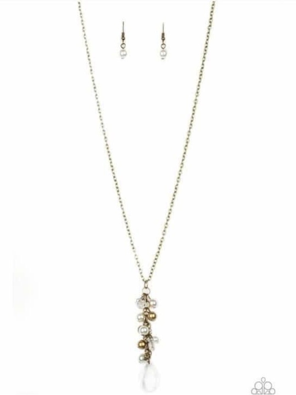 paparazzi brass and White Pearl Drop Necklace with Matching Earrings